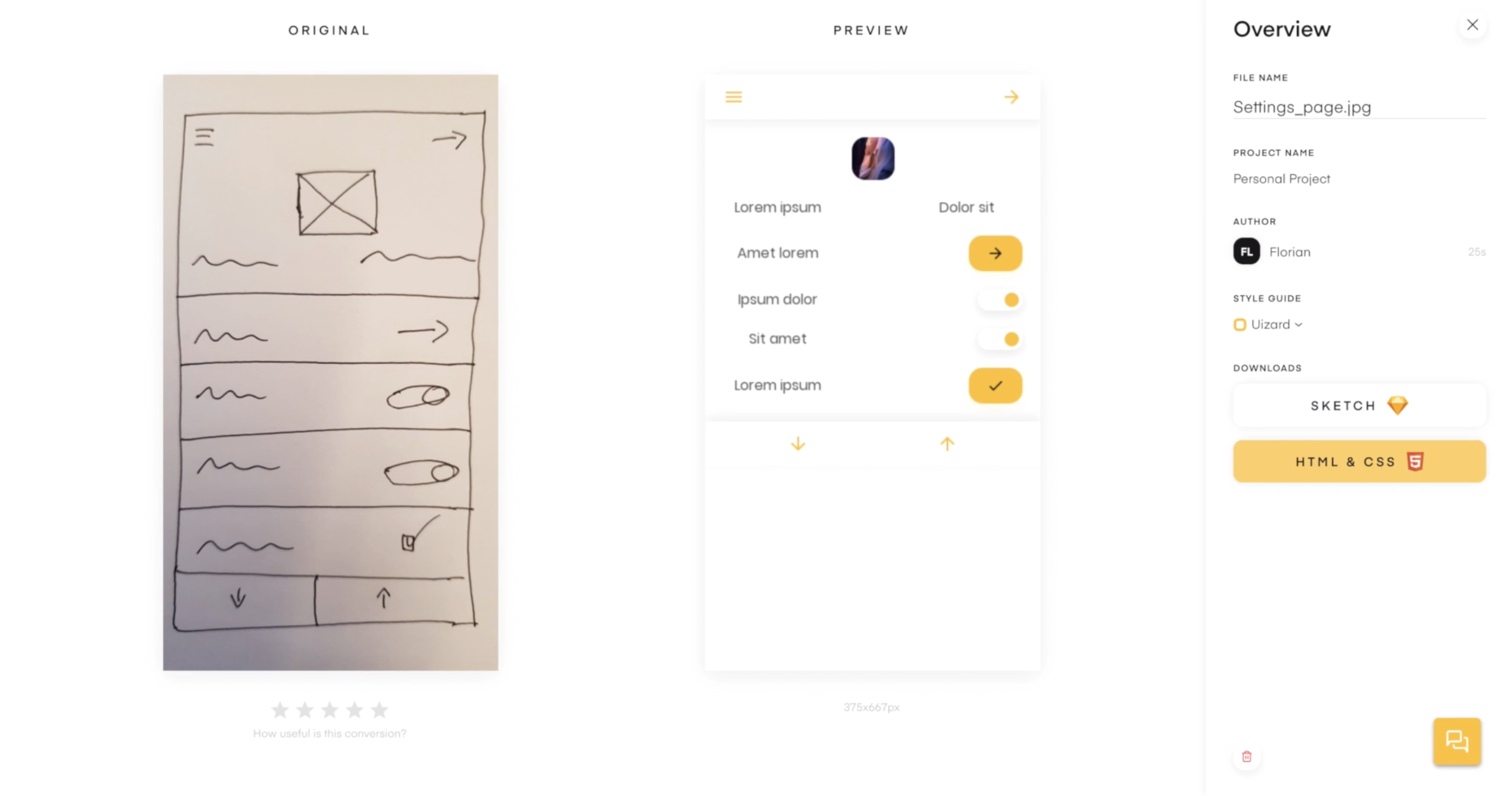 UIzard generating a UI project and then the code from a hand-drawn wireframe